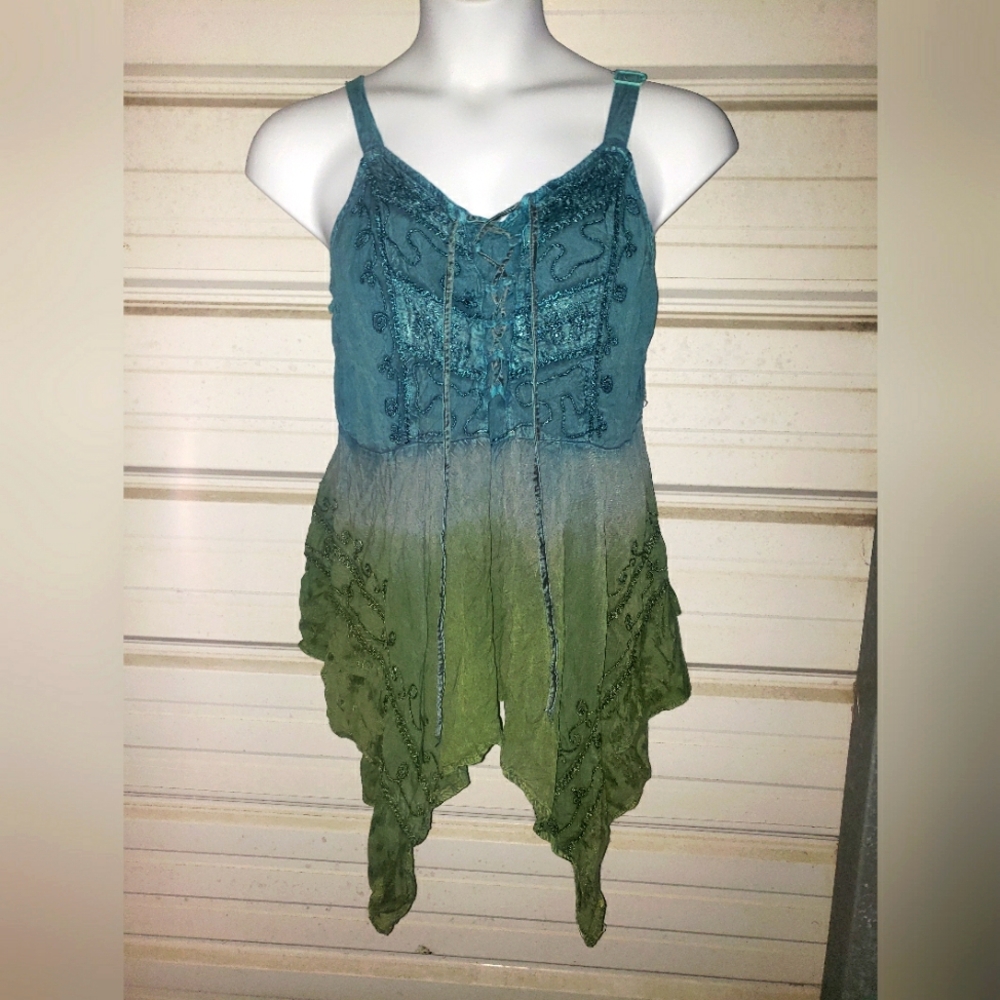 Plus Size 1x/2x Vintage Embroidered Blue Green Hippie Boho Top Shirt Festival